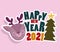 Happy new year reindeer face and tree with lettering decoration card