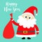 Happy New Year. Santa Claus holding carrying sack gift bag. Red hat, costume, big beard, golden belt. Merry Christmas. Cute