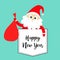 Happy New Year. Santa Claus holding carrying sack gift bag. T-shirt pocket. Red hat, costume, big beard, golden belt. Merry