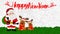 Happy New Year Santa Claus and Reindeers cute standing on green fluffy glass design with fur and feather brush. Winter gift card