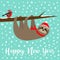 Happy New Year. Sloth hanging on rowan rowanberry sorb berry tree branch. Bullfinch bird. Santa hat. Merry Christmas. Cute cartoon