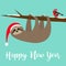 Happy New Year. Sloth hanging on rowan rowanberry sorb berry tree branch. Bullfinch bird. Santa hat. Merry Christmas. Cute cartoon