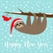 Happy New Year. Sloth hanging on rowan rowanberry sorb berry tree branch. Santa hat. Merry Christmas. Cute cartoon funny character