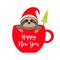 Happy New Year. Sloth sitting in red coffee cup teacup. Fir tree. Santa hat. Face and hands. Cute cartoon baby character. Merry
