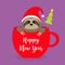 Happy New Year. Sloth sitting in red coffee cup teacup. Santa hat. Fir tree. Face and hands. Cute cartoon baby character. Merry