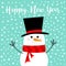 Happy New Year. Snowman, carrot nose, black hat, red scarf. Merry Christmas. Cute cartoon funny kawaii character. Blue winter snow
