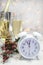 Happy New Year table setting with white retro clock