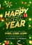 Happy New Year Template or Flyer Design with Baubles, Pine Leaves and Lighting Garland