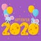 Happy new year with text shaped like cheese, mouse and colorful balloons vector