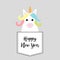 Happy New Year. Unicorn horse sitting in the pocket. Red bow. Merry Christmas. Face and hands. Cute cartoon character. Hello