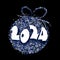 Happy new year white paper 2024 lettering on blue Christmas ball made of small shiny stars