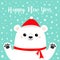 Happy New Year. White polar bear holding hands paw print. Red scarf, hat. Cute cartoon funny kawaii baby character. Merry