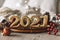 Happy New Years 2021. Christmas background with fir tree, cones and Christmas decorations.