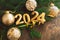 Happy New Years 2024. Christmas tree and Christmas decorations