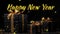 Happy new years greetings with golden text on Black and gold gift boxes on black background.