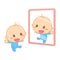 A happy newborn baby is smiling in front of a mirror.