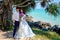 Happy newlywed couple in love are standing on the beach. Wedding and honeymoon in the tropics on the island of Sri Lanka.