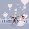 Happy newlywed couple running, vector illustration. Flat style cartoon characters, bride in dress and groom in suit