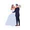 Happy newlywed hugging. Love couple cuddling at wedding day. Cartoon groom embracing wife in wedding dress with bouquet.