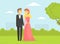 Happy Newlyweds Couple, Romantic Bride and Groom Characters on Summer Natural Landscape Vector Illustration