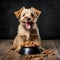 A happy Norfolk Terrier dog puppy eagerly eating its kibble from a bowl by AI generated