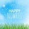 Happy Nowruz greeting card. Iranian, Persian New Year. March equinox. Green grass field. Blue sky with clouds.