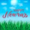 Happy Nowruz hand lettering. Iranian or Persian new year sign. Spring holiday vector illustration with green grass, blue sky and