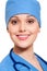 Happy nurse in blue uniform