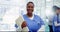 Happy, nurse and face of black woman in hospital with paperwork, results or report for insurance. Healthcare, folder and
