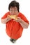 Happy Obese Woman on Scale with Pizza