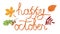 Happy October hand lettering text with autumn leaves. Vector illustration as poster, postcard, greeting card, invitation