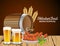 Happy oktoberfest celebration barrel with beers jars and sausages