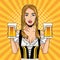 Happy oktoberfest celebration card with beautiful woman drinking beers
