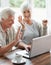 Happy old couple, laptop and waving on video call, digital communication and voip connection at home. Senior man