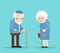 Happy old man and woman with glasses and walkins cane. on blue background. Flat illustartion. Eps 10.