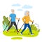 Happy old men and women couple performing nordic walking