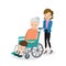 Happy old woman in a wheelchair and cute gir