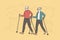 Happy older people do Nordic walking in forest