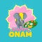 Happy Onam Celebration Concept With Elephant Animal, Sadya Food On Pink And Blue