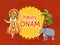 Happy Onam Celebration Concept With Kathakali Dancer Character, Elephant Animal, Coconut Or Palm Tree On Yellow And Dark Orange