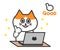 Happy orange tabby cartoon cat while using a computer.