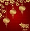 Happy Oriental Card for Chinese New Year 2019, Lanterns, Sakura Blossom Flowers and Golden Pig