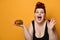 Happy overweight fat woman happy hold big burger cheeseburger sandwich. Girl on diet dieting. Healthy eating  fast food concept