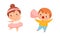 Happy overweight kids doing different activities set. Cute boy and girl dancing and eating sweets cartoon vector