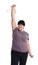 Happy overweight mature woman with measuring tape on white background