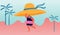 Happy Overweight Woman Character Wearing Inflatable Ring Holding Huge Tropical Hat in Hands Run along Summer Sandy Beach