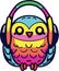 Happy Owl with headphones listening to music. Kawaii style