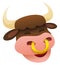 Happy ox head with brown hair and big horns, Vector Illustration
