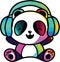 Happy Panda Bear with headphones listening to music. Kawaii style