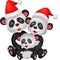 Happy panda family wearing red hat